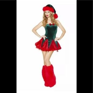 Naughty elf lace up back mini dress with hanging bells and bow detail Size M/L